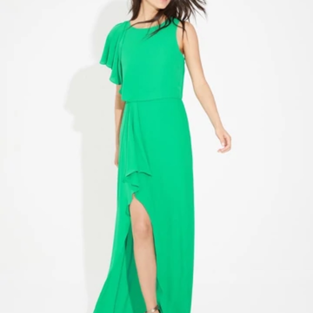 HALSTON Green Draped Silky Georgette Gown